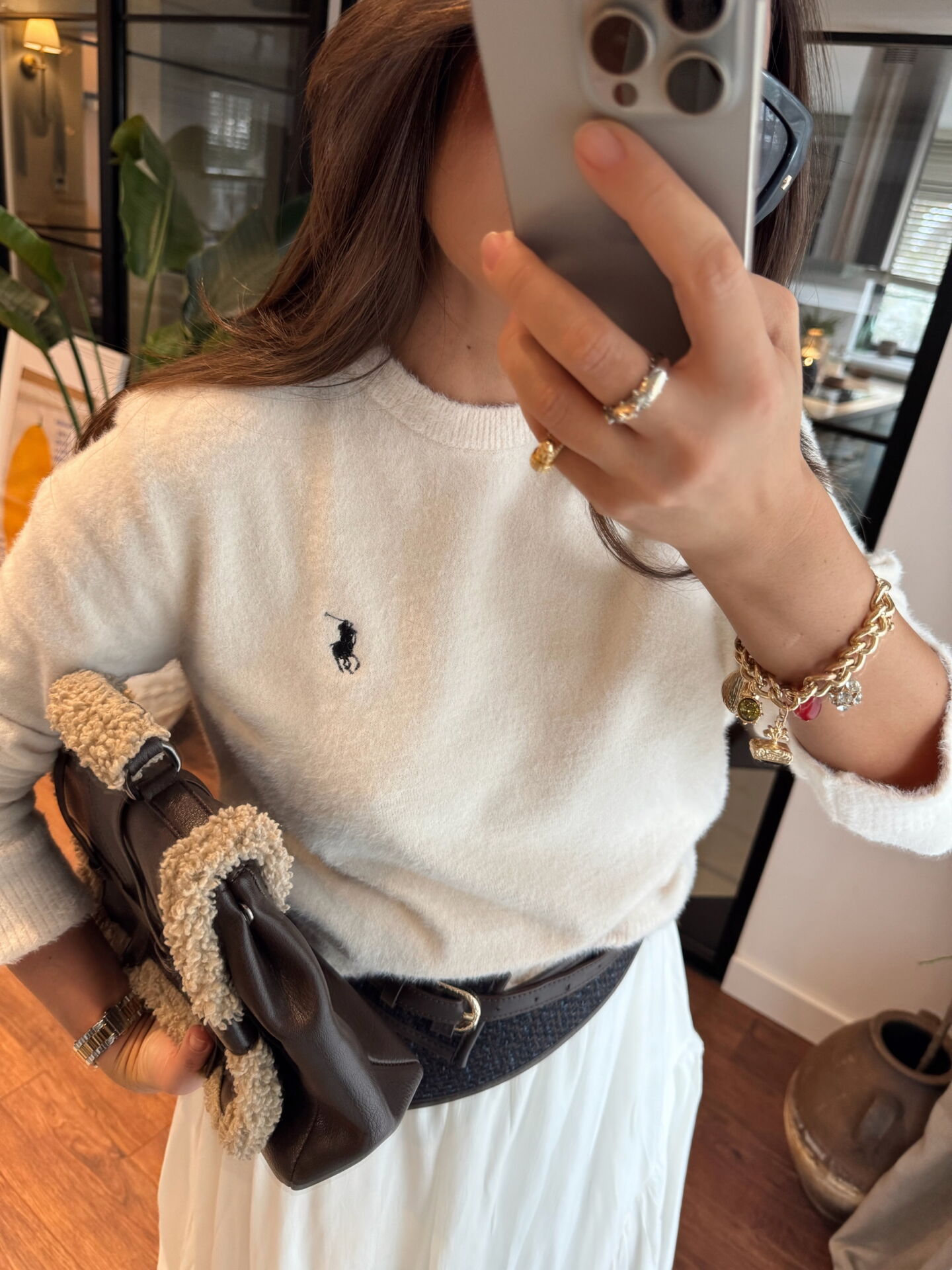 Cashmere dokulu polo triko ekru