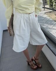 Pileli Bermuda Denim Şort