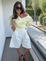 Pileli Bermuda Denim Şort