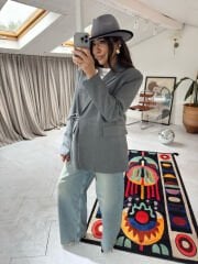 Kuşaklı maskülen vatkalı gri ceket