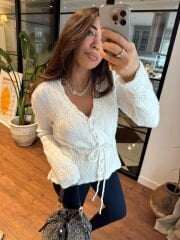 Yumoş ponponlu kuşaklı ekru hırka