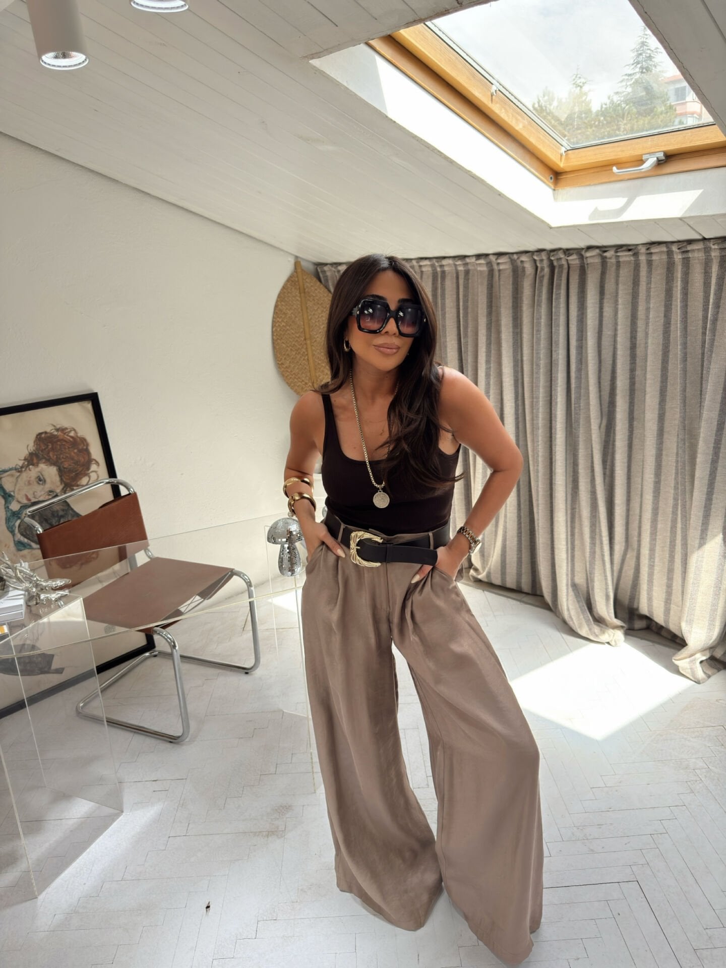 İpek Saten Kemerli Palazzo Pantolon