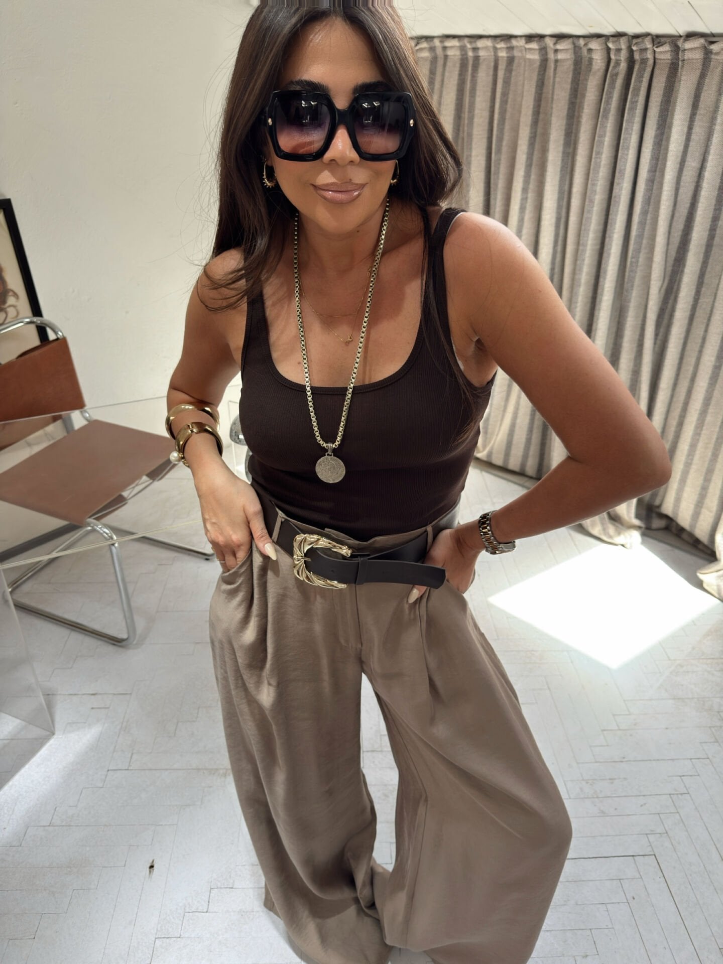 Kaşkorse U Yaka Fitilli Atlet Acı Kahve