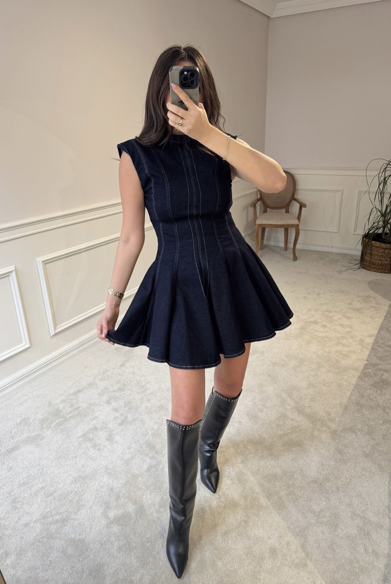 Volanlı denim elbise