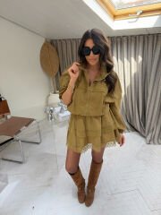 Olive Dantelli Etek & Ceket Takım