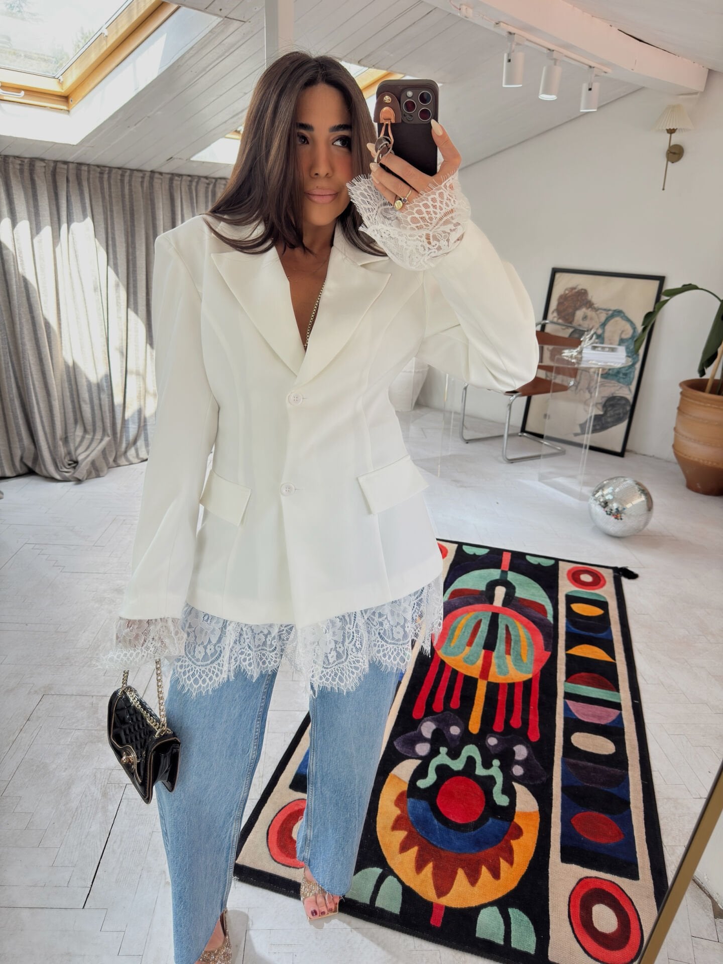 Dantelli Vatkalı Ceket Beyaz