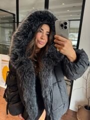 Kürklü kolu fiyonklu şişme mont (siyah)