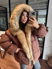 Kürklü fiyonklu şişme mont (acı kahve)