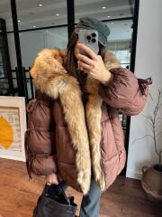 Kürklü fiyonklu şişme mont (acı kahve)