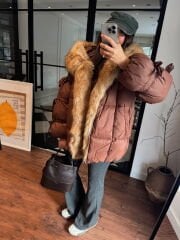 Kürklü fiyonklu şişme mont (acı kahve)