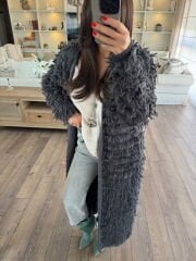 Saçaklı antrasit  maxi hırka