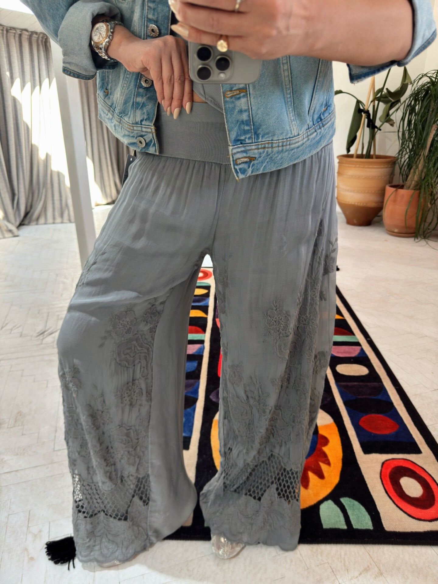 İthal Güpürlü Pantolon Gri