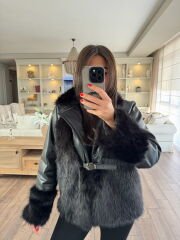 Deri geçişli kürk ceket