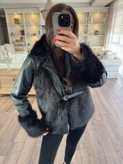 Deri geçişli kürk ceket