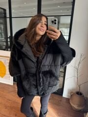 Triko ve kürk detaylı şişme mont