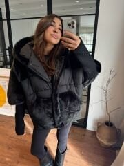 Triko ve kürk detaylı şişme mont