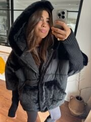 Triko ve kürk detaylı şişme mont