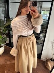 Bileği kürklü drapeli vizon bluz