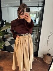 Bileği kürklü drapeli acı kahve bluz