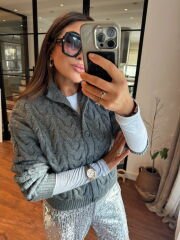 Dik yaka yumuşak saç örgü hırka