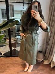 Kürklü Haki Deri Palto