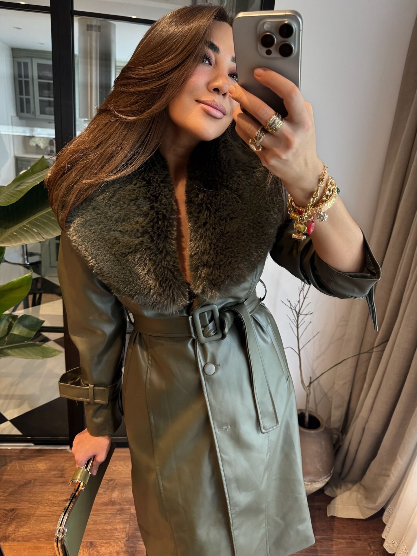 Kürklü Haki Deri Palto