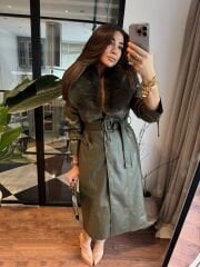 Kürklü Haki Deri Palto